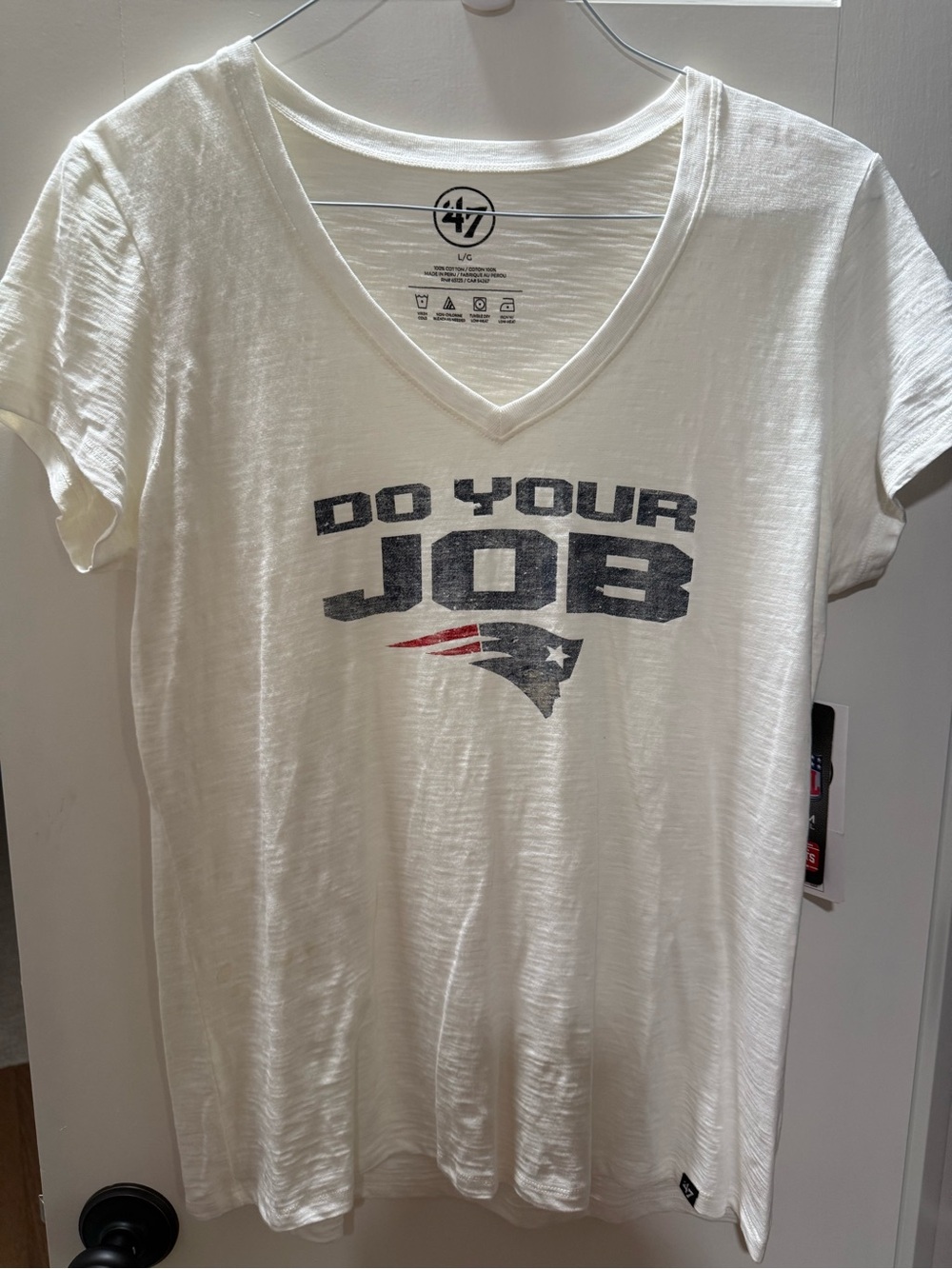 '47 Women's White V-Neck 'Do Your Job' Patriots Graphic Tee